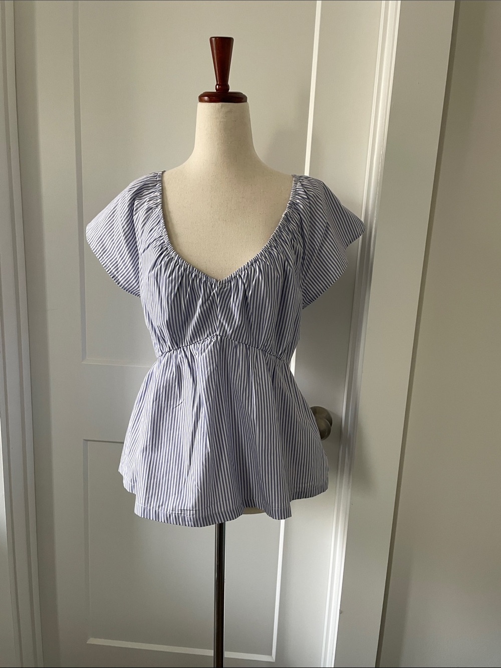 Lucky Brand Blue and White Striped V-Neck Peplum Top